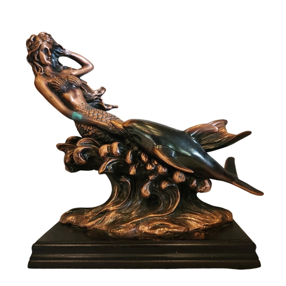 Bronze Mermaid and Dolphin Sculpture Nautical Coastal Home Decor Statue Figure